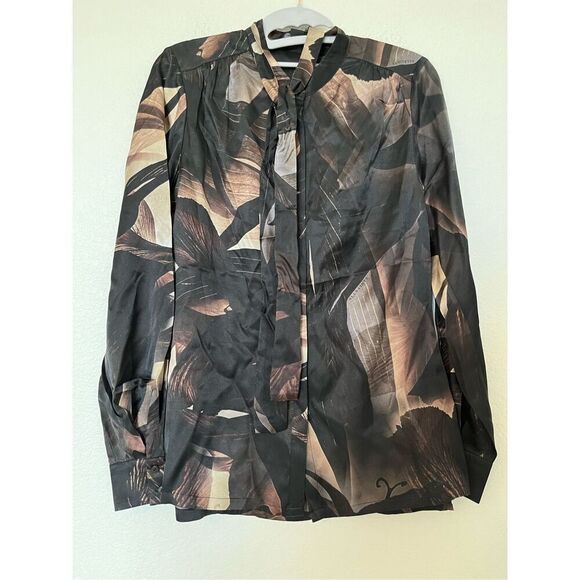 AllSaints Toni Iris Silk Blend Shirt Button Up Coffee Brown NEW - Picture 6 of 14